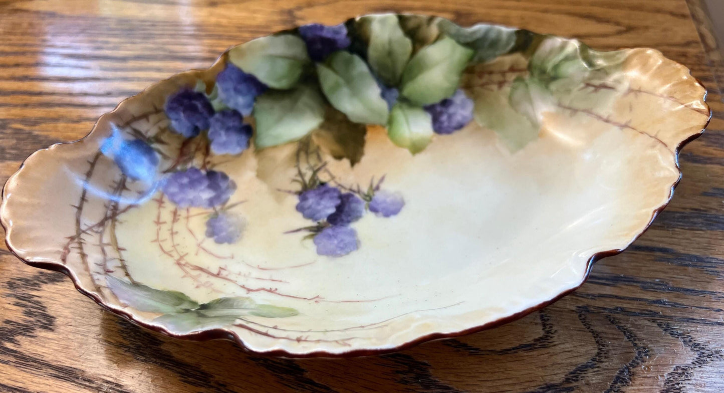 Vintage Limoges Blackberry Hand Painted Dresser Dish Signed by Elite L France Limoges Blackberries Purple Lover Antiques and Vintage